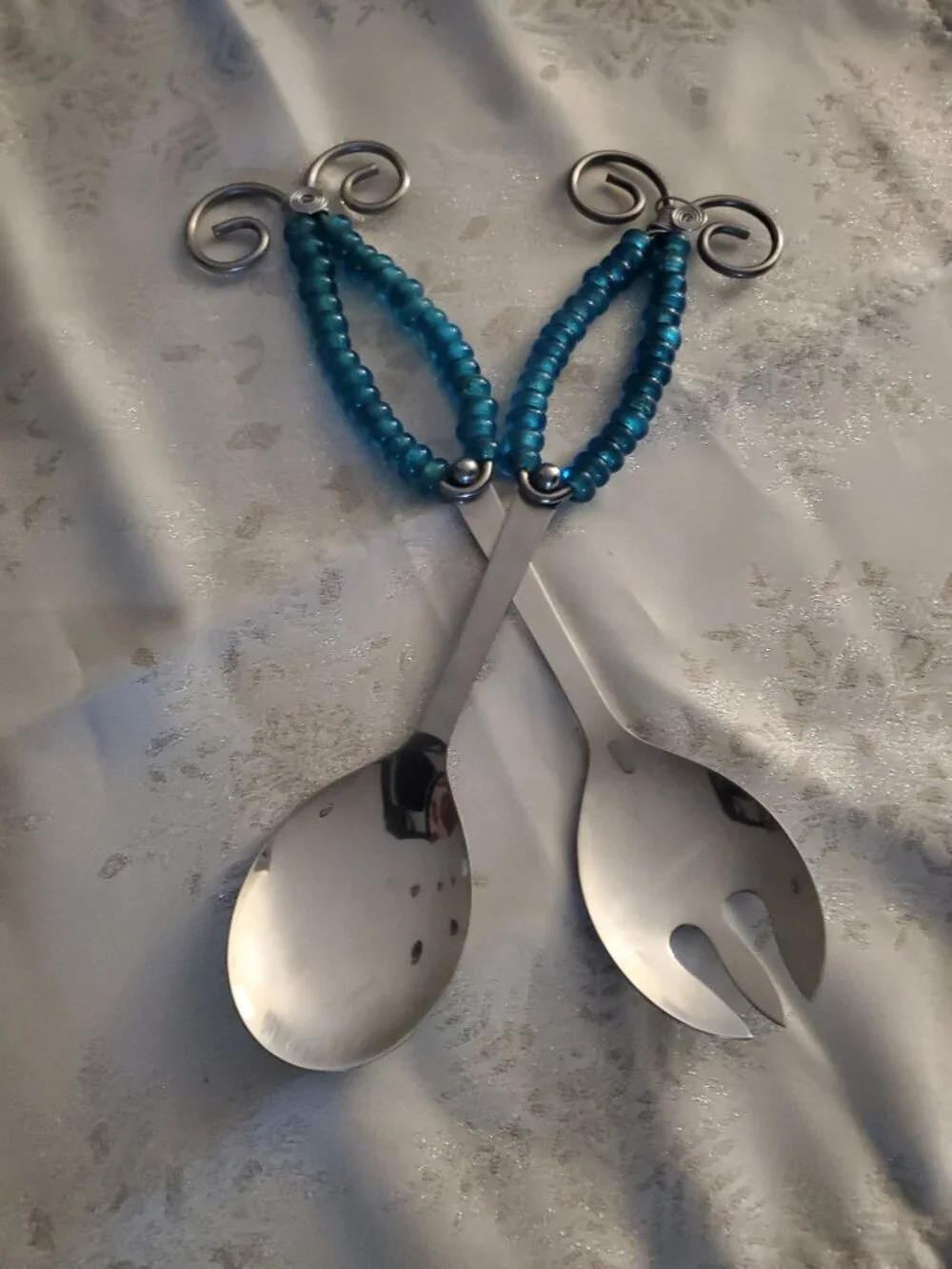 Salad Servers Silver Tone Blue Glass Beaded Handles Contemporary Coastal Dining